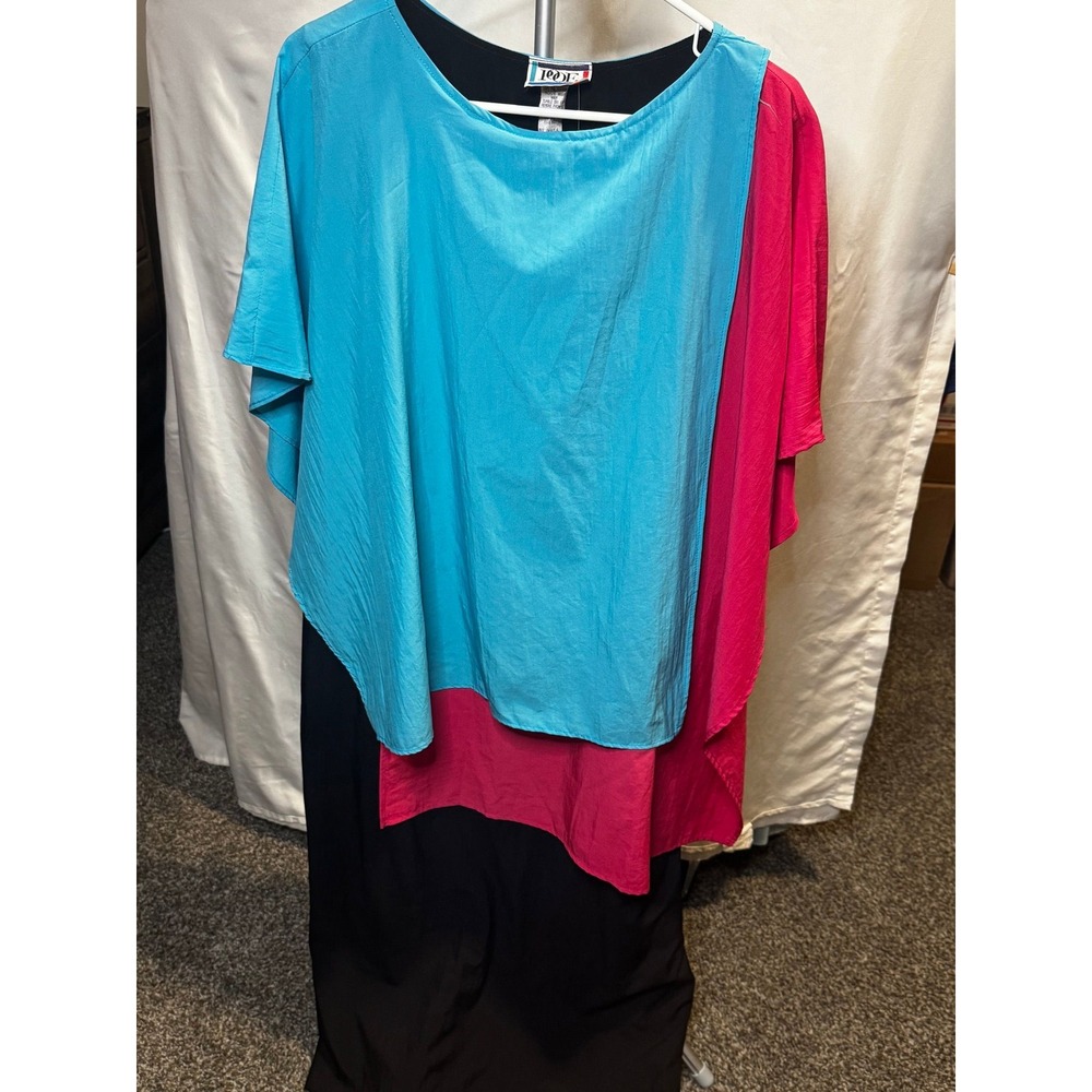053 Vintage ROF Colorblock Layered Maxi Dress Turquoise Magenta Black OS USA
